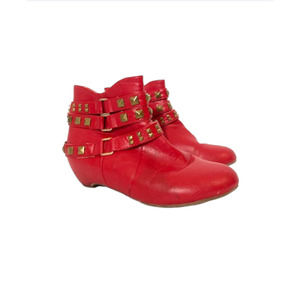 Vintage CHERRY RED Gold Metal Stud Embellished Faux Leather Ankle Boot SZ 5-6